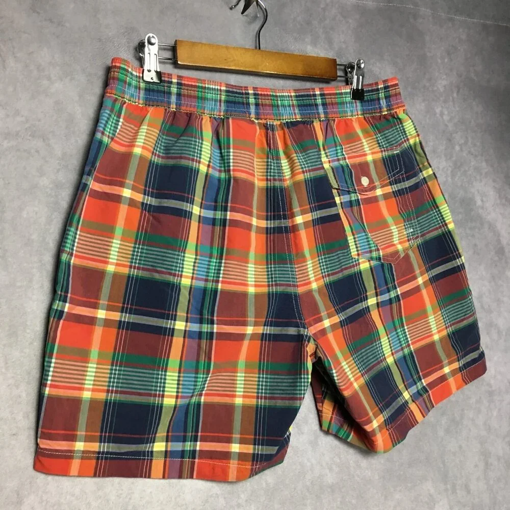 Polo RL Mens Plaid‎ Swim Trunk Shorts size Large Red Green Mesh Inner Briefs